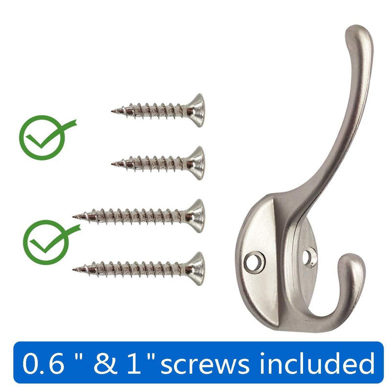 10 Pack Heavy Duty Dual Coat Hooks Wall Mounted with 40 Screws Retro Double Hooks Utility Black Hooks for Coat, Scarf, Bag, Towel, Key, Cap, Cup, Hat (Silvery) Silvery