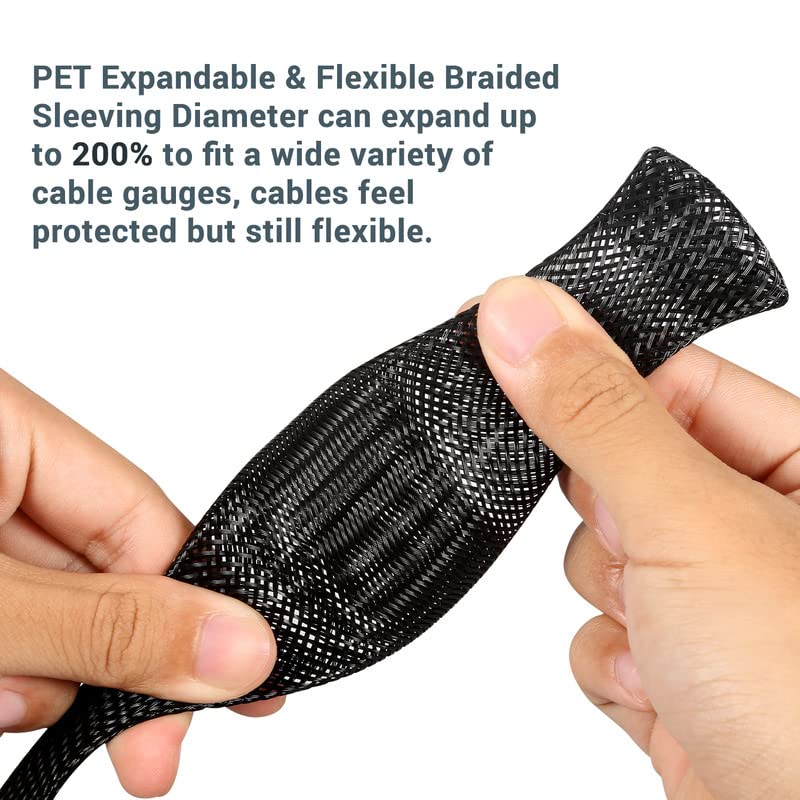 Aibole 25ft-1/2 inch PET Expandable Braided Cable Sleeve Wire Loom, Wire Sleeving for Home Device Cable Automotive Wire and Engine Bay-Black 25FT-1/2''