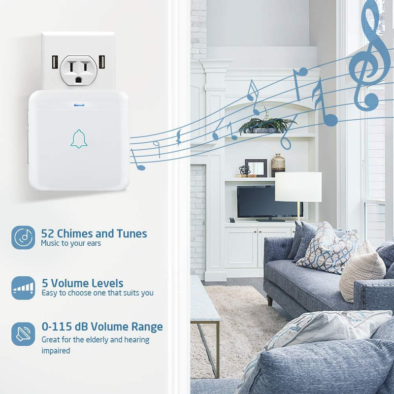Wireless Doorbell, AVANTEK D-3W Waterproof Door Chime Kit Operating at Over 1300 Feet with 2 Plug-In Receivers, 52 Melodies, CD Quality Sound and LED Flash 2 Receivers + 1 Button White