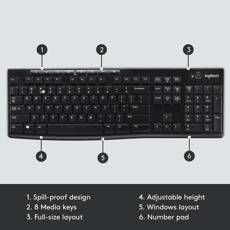 Logitech K270 Wireless Keyboard for Windows, 2.4 GHz Wireless, Full-Size, Number Pad, 8 Multimedia Keys, 2-Year Battery Life, Compatible with PC, Laptop Keyboard K270