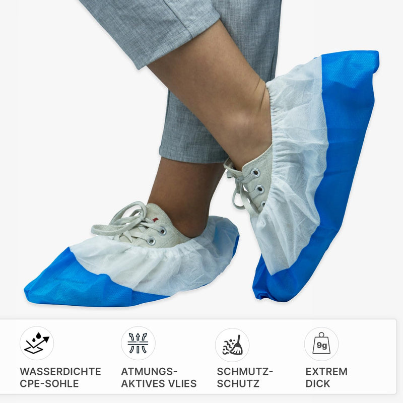 50x ARNOMED disposable shoe covers blue/white, overshoes with waterproof sole, reusable CPE+PP overshoes extra strong, shoe protection cover non-slip 17x40cm, tear-resistant overshoes for construction sites 050 pieces