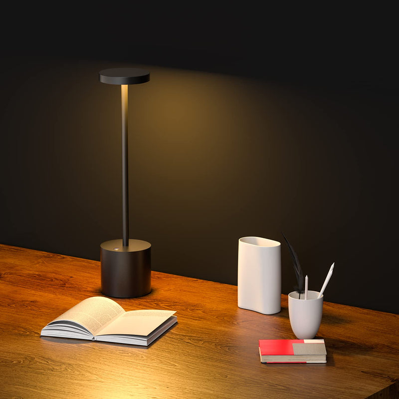 Cordless Table Lamp, LED Metal USB Rechargeable 6000mAh 2-Levels Brightness Night Light Desk Lamp Reading Lamp for Restaurant/Bedroom/Dormitory Black