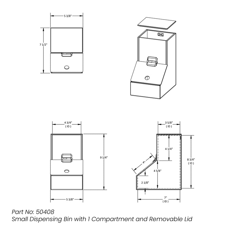 TrippNT 50408 White PVC Plastic Small Dispensing Bin with 1 Compartment, 5.25" Width x 9.25" Height x 7.5" Depth