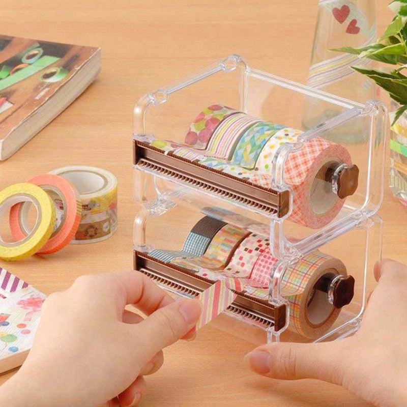 2pcs Portable Transparent Adhesive Tape Dispenser Cutter Desk Washi Tape Holder Storage Box Organizer Office School Stationery Supply (Brown) Brown