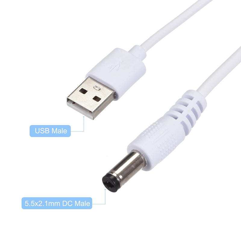 MECCANIXITY USB Cable with ON/Off Switch, USB Male to 5.5x2.1mm DC Male Extension Cord 150cm White, for LED Desk Lamp LED Strip