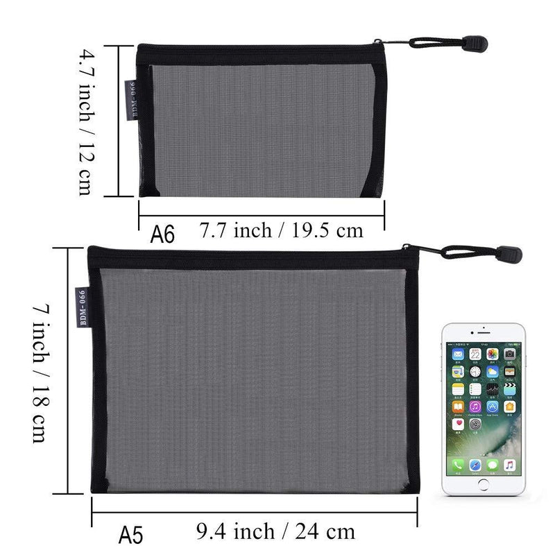 HRX Package Nylon Mesh Cosmetic Zipper Bags, 6PCS Black Makeup Pouches Pen Pencil Organizer Case for Travel Purse Diaper Bag (A5 x 3pcs, A6 x 3pcs) A5,A6