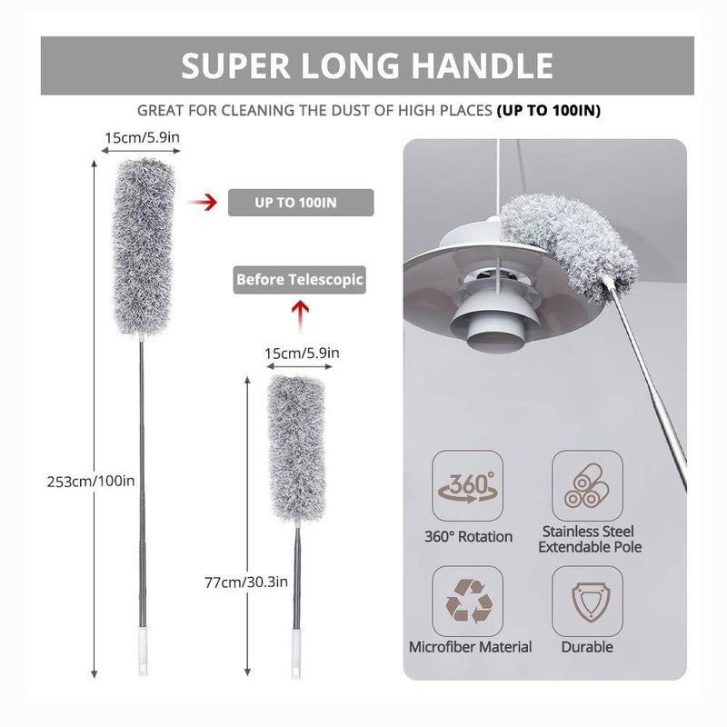 Webster Cobweb Duster, Feather Duster for Home, Extendable Dusters for Cleaning High Ceiling Fans, Hand Wall Duster, Long and Washable Dust Brush Grey