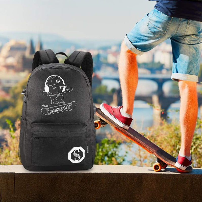 Pawsky Skateboard Anime Luminous Backpack School Backpack with USB Charging Port, Anti Theft Lock and Pencil Case for Teen Boys and Girls, College School Bookbag Lightweight Laptop Bag, Black