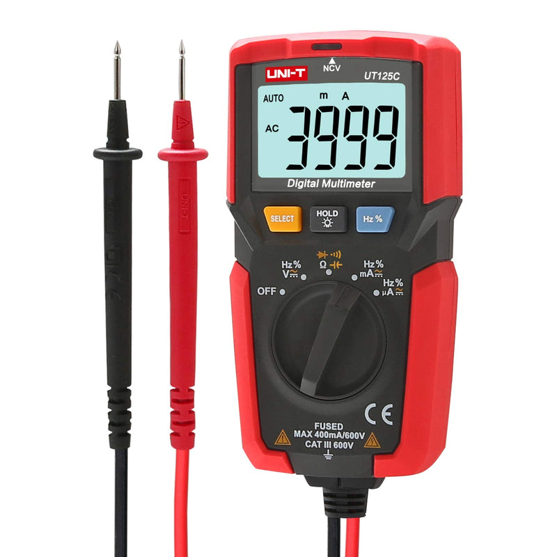 UNI-T UT125C Digital Multimeter Pocket Multi Tester, 4000 Counts AC DC Voltage AC DC Current Resistance Capacitance Frequency Duty Cycle NCV Diode Test Continuity Test Data Hold Auto Power off