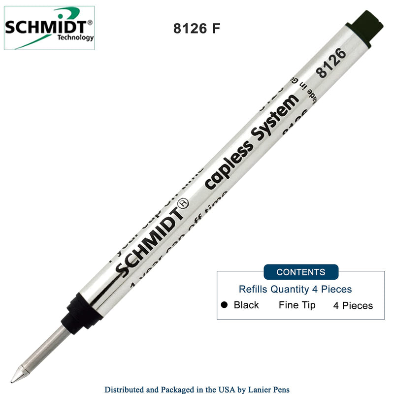 4 Pack - Schmidt 8126 Long Version Capless Rollerball Refill Long Version at 4.31" - Black Ink