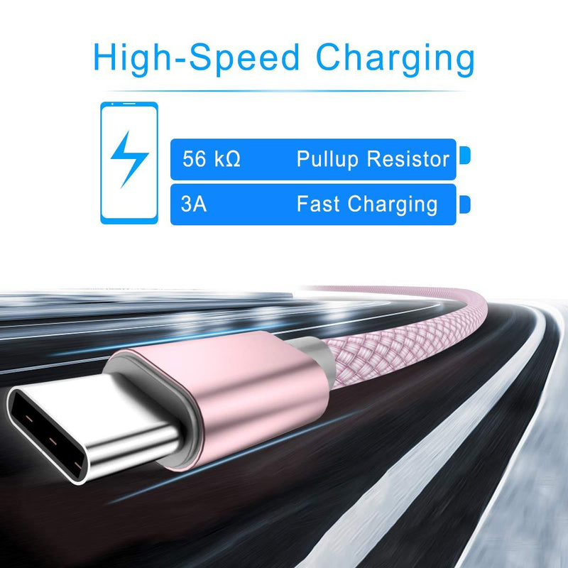 USB Type C Charger Cable 3-Pack (3.3/6.6/10 FT),Nylon Braided Charging Cord,Works with Samsung Galaxy Fold Note 9 8 S10 S9 S8 S10E 10 Plus,LG V50 V40 G8 G7 Thinq,Google Pixel 3 2 3a 4 XL,Moto Z4 Z3 Z2 Pink