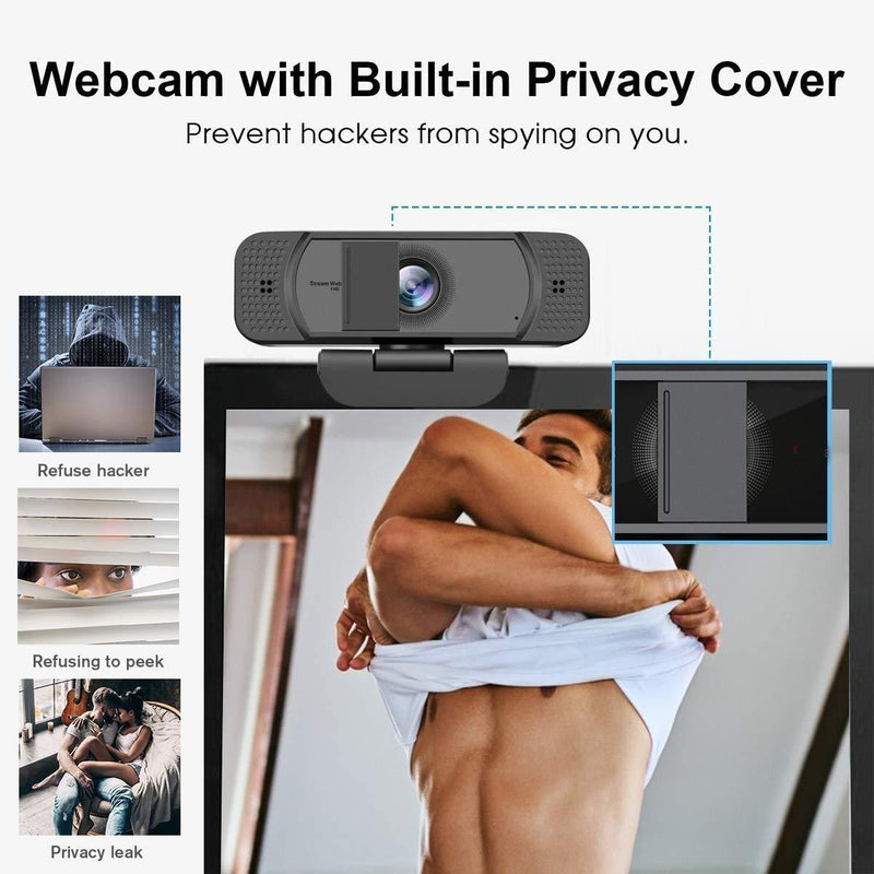 Webcam HD 1080p-Streaming Webcam with Privacy Cover for Desktop Computer PC,100° Wide-Angle View with Stereo Microphone, USB Webcam Plug and Play,Low-Light Correction Black