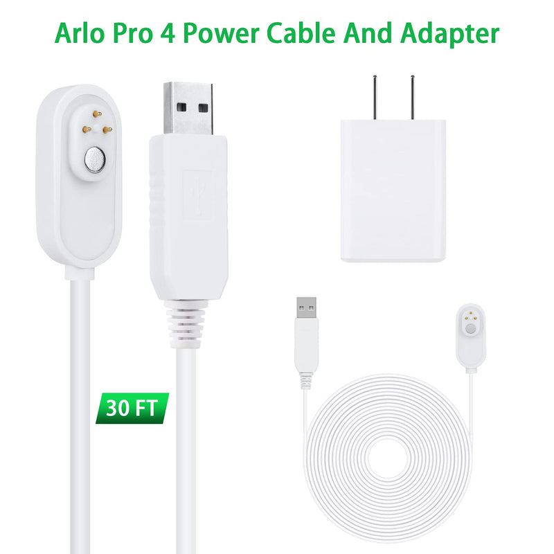 30FT Magnetic Charging Cable with Power Adapter for Arlo Pro4 and Ultra 2, Continuous Outdoor Power Supply for Your Arlo Security Camera (White)