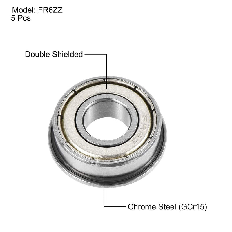 uxcell FR6ZZ Flanged Ball Bearing 3/8"x7/8"x9/32" Double Shielded Chrome Steel Bearings 5pcs