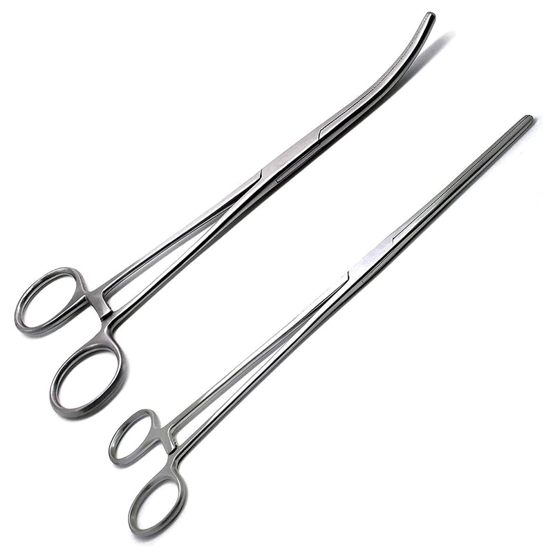 Set of 2 Premium Quality 10" Rochester Pean Hemostat Forceps Straight & Curved Clamps Three Locking Positions - SurgicalOnline