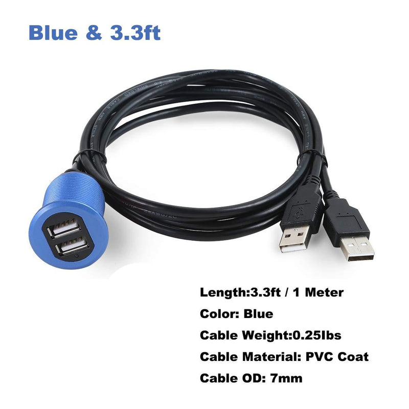 Kework Metal Dual USB 2.0 Ports Mount with Light, 3.3ft 2 Ports USB Male to 2 Ports Female Flush Mount Panel Mount Extension AUX Cable for Car Truck Boat Motorcycle Dashboard (Blue & 3.3ft) Blue & 3.3ft