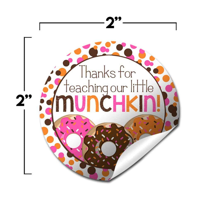 Our Little Munchkin Donut Themed Teacher Appreciation Thank You Sticker Labels, 40 2" Party Circle Stickers by AmandaCreation, Great for Envelope Seals & Gift Bags