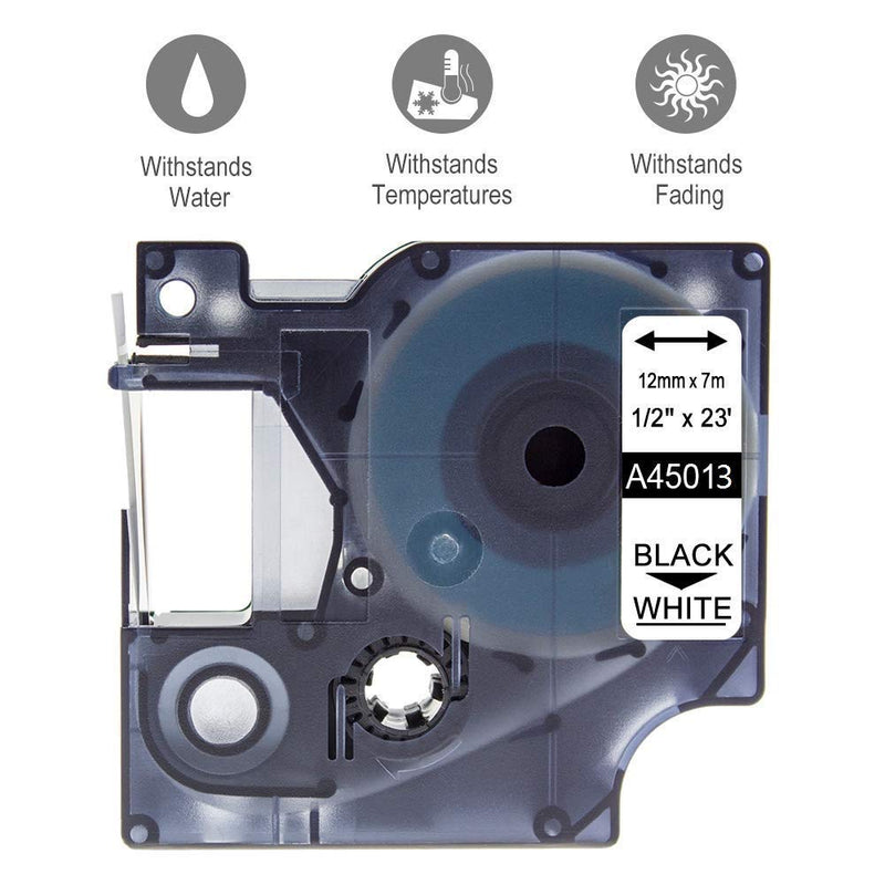 Oozmas Compatible Label Tape Replacement for Dymo D1 Label Cassette 1/2 Inch x 23 Feet, 45013 S0720530 Compatible with Dymo LabelManager 150 160 210D 280 Label Maker Refills, Black on White, 4-Pack