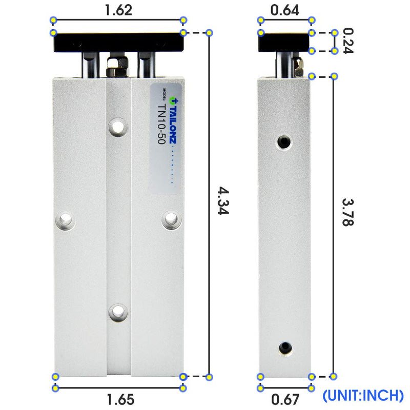 TAILONZ PNEUMATIC 10mm Bore 50mm Stroke Double-Rod Double-Acting Aluminum Pneumatic Air Cylinder TN10-50 Bore:10mm Stroke:50MM