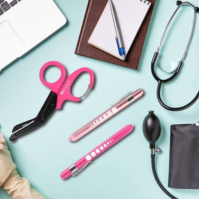 MEUUT 3 Pack Medical Scissors Penlights for Nurses-Two Medical Pen lights with Pupil Gauge, One 7.5" Trauma shears Bandage Scissors with Carabiner-Nurse Accessories for Nurse Doctor Pink scissor+Pink&Light pink penlight
