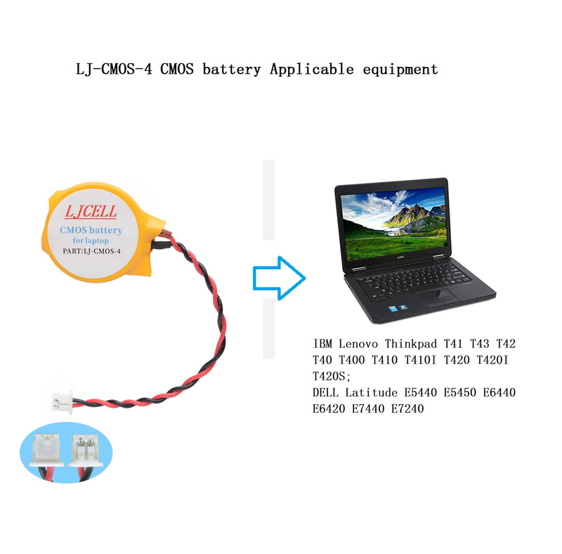 LJCELL CMOS Battery for Dell Latitude E5440 E5450 E6440 E6420 E7440 E7240 Alienware M11x R1 R2 Area-51 M9700 M9750 Laptop BIOS RTC CR2032 Battery with 2 Wire Cable and Connector. CMOS-CR2032-4 1 Count (Pack of 1)