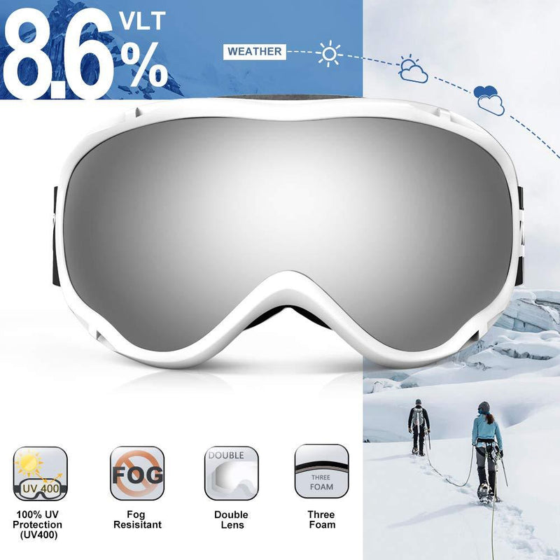 ZIONOR Lagopus Ski Goggles - Snowboard Snow Goggles for Men Women Adult Youth A0-vlt 8.6% White Frame Silver Lens