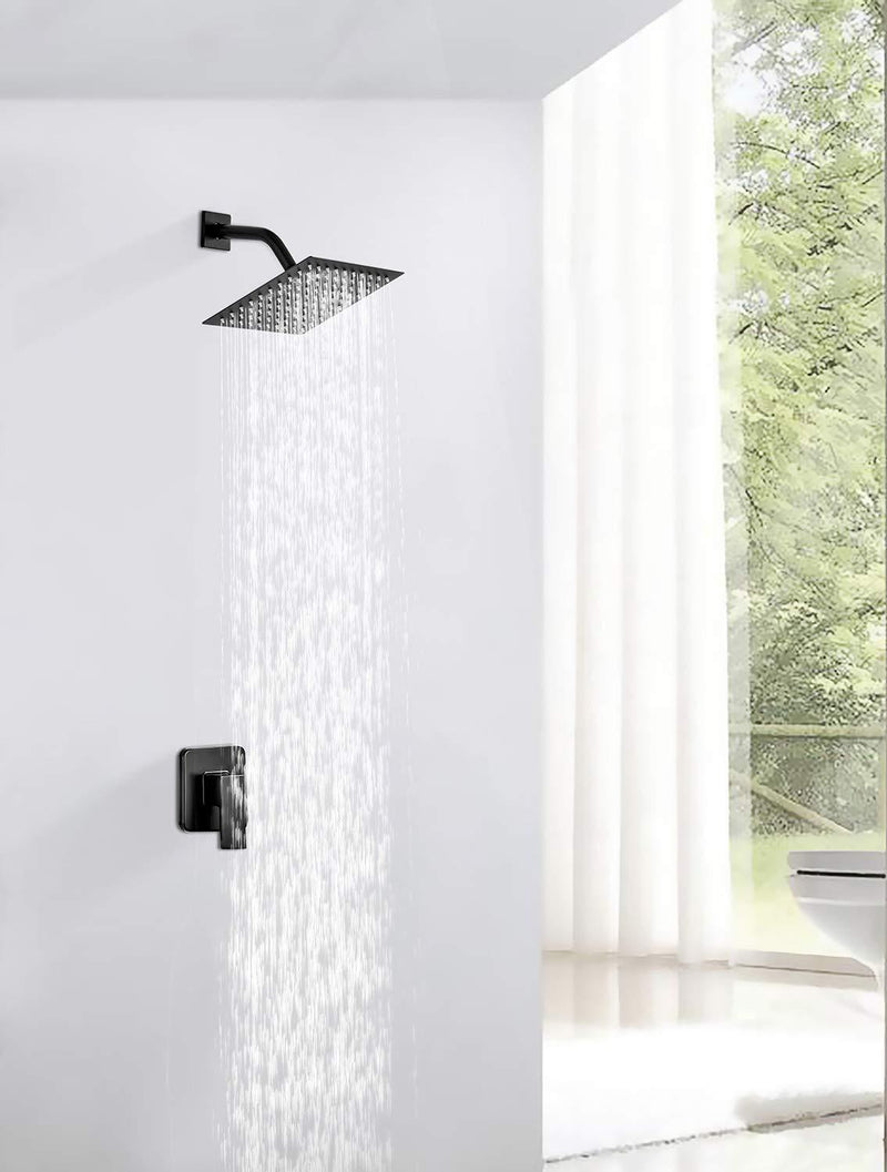 GGStudy 8 inch Square Rain Shower head Stainless Steel Shower head High Pressure Shower Head Ultra Thin Rainfall Bath Shower Self-cleaning Silicon Nozzle Black Shower Head 8inch