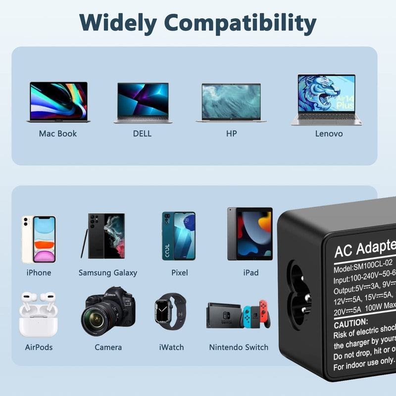 100W USB-C Power Adapter Fast Charger,Compatible with Mac Book Pro/Air 16, 15, 14, 13 Inch,Mac Book Air 13 Inch 2021 2020 2019 2018,iPad Pro,HP, Dell, Lenovo,Asus and All USB-C Device