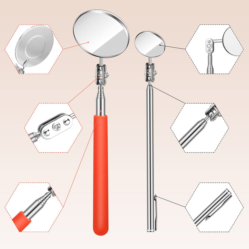 3 Pieces Telescoping Inspection Mirror Adjustable Observe Ullman Inspection Mirror Tool Round Telescoping Mirror for Checking Vehicle, Observing The Eyelashes, Mouth and Small Part, Orange, 3 Sizes