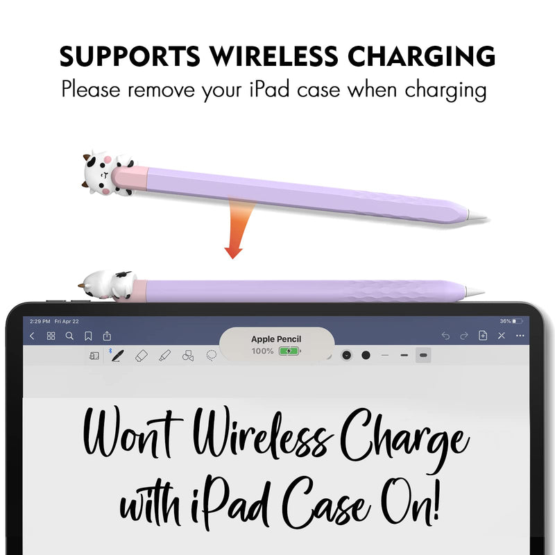 NIUTRENDZ Cute iPencil Case for Apple Pencil 2nd Generation Cover Silicone Sleeve Accessories Protective Skin Compatible with Magnetic Charging and Double Tap (Cow + Pink + Purple) Cow + Pink + Purple
