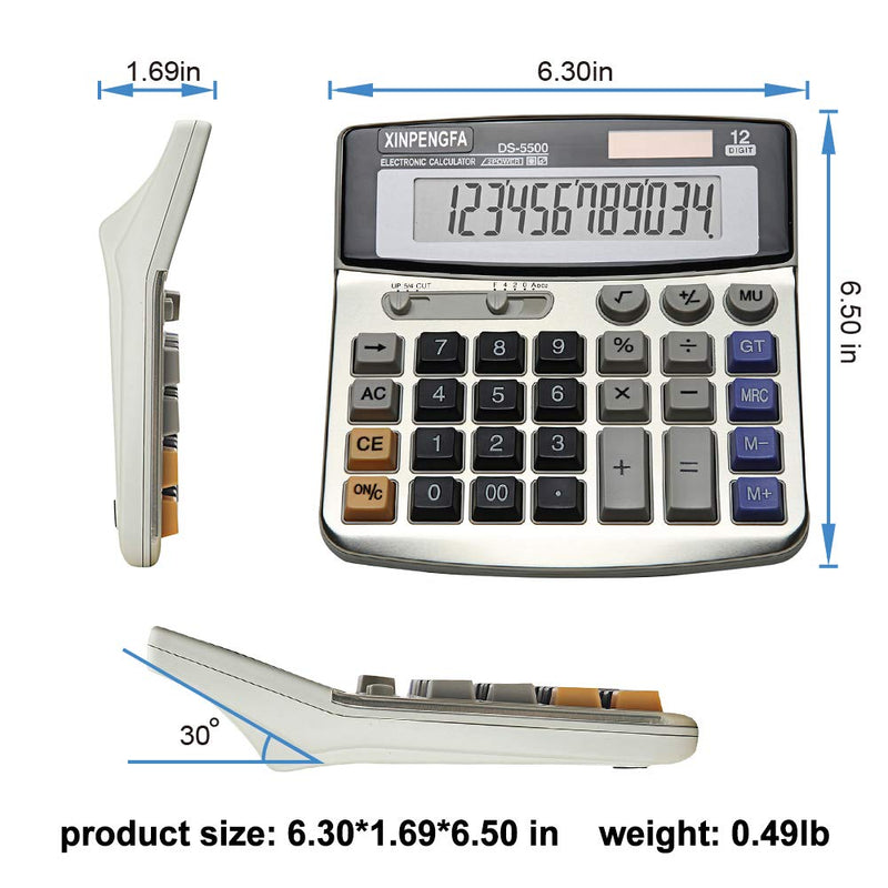 XINPENGFA Office Calculator, Solar and Battery Dual Power, Metal Surface 12 Digit Calculators Large Display Big LCD,and Large Button 1PACK Metallic