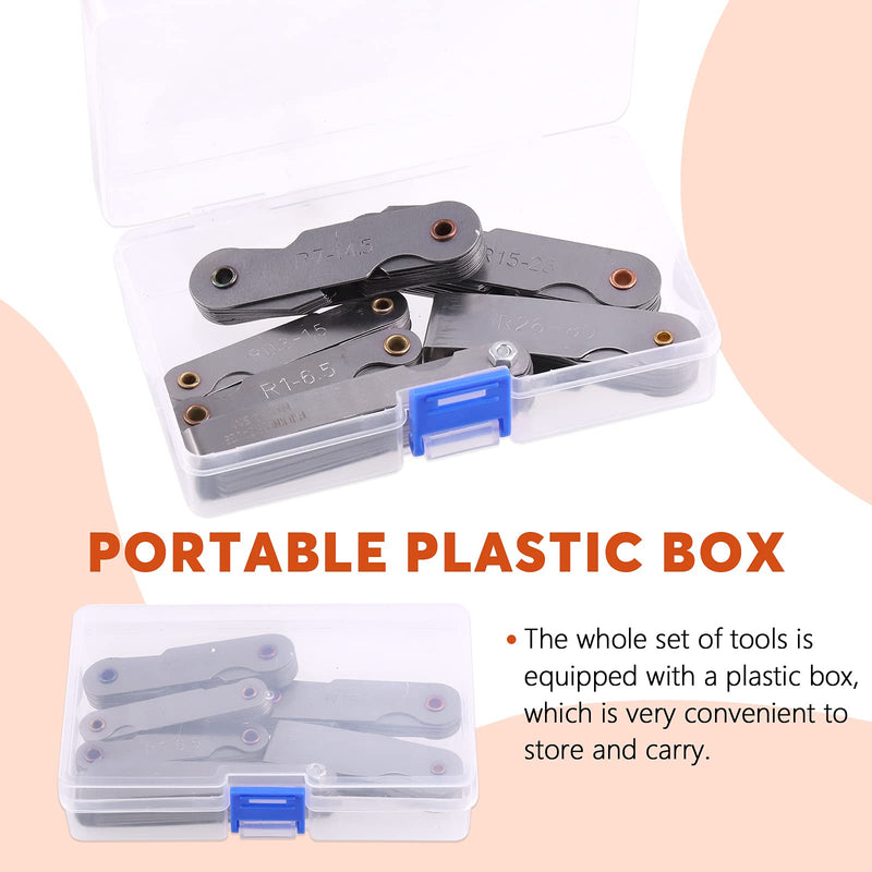 Tanstic 6Pcs Stainless Steel Feeler Gauge and Radius Gauge Set, 5Pcs R0.3-1.5/ R1-6.5/ R7-14.5/ R15-25/ R25-50 Radius Fillet Gauge with 32 Blades 0.04-0.88 mm Metric and Imperial Gap Measuring Tool
