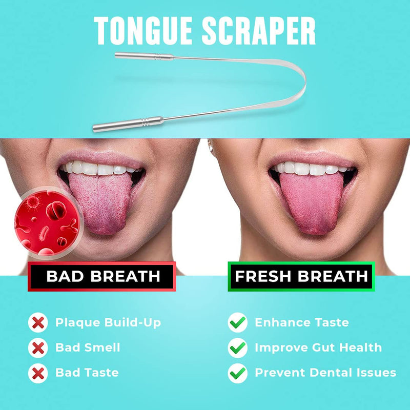 Tongue Scraper (3 Pack), Reduce Bad Breath (Medical Grade), Stainless Steel Tongue Cleaners, Metal Tounge Scrappers, Tongue Scraper Cleaner for Fresh Breath 3 Count (Pack of 1)