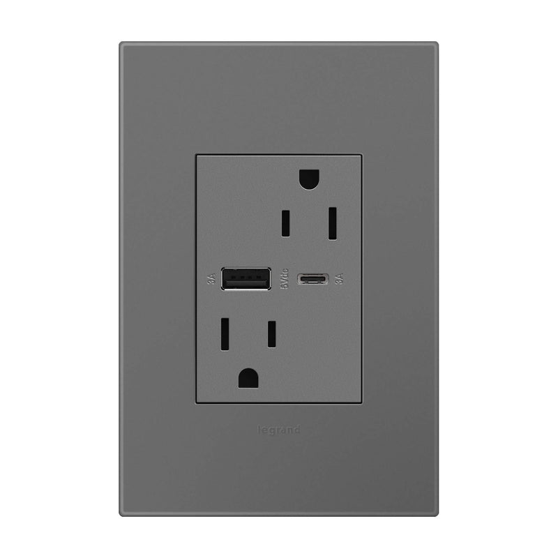 adorne Dual-USB, 15A, Ultra-Fast Charge, 6 Amp, Type A/C, USB, Hybrid Outlet, Magnesium, ARTRUSB156ACM4 Without Wall Plate