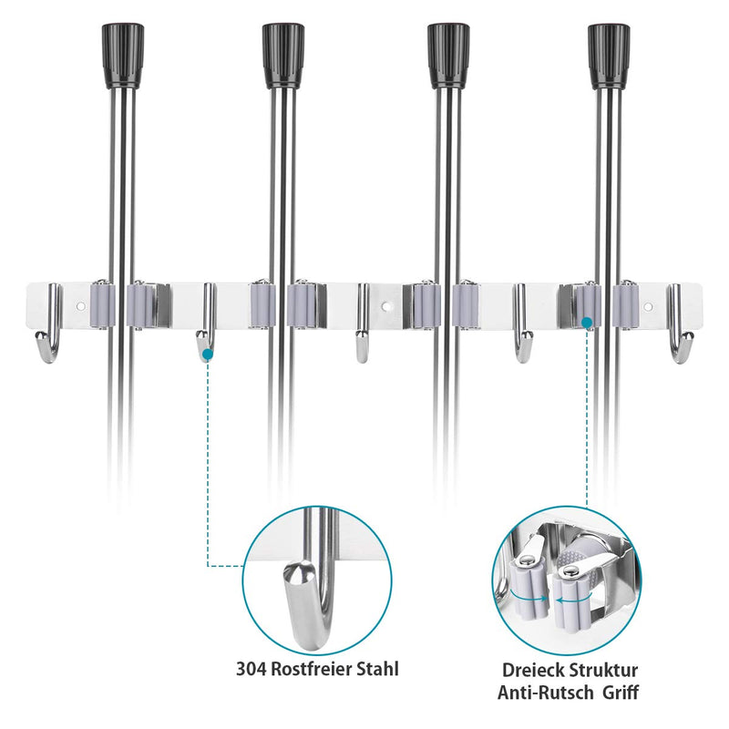 SHYOSUCCE stainless steel broom holder, broom holder wall with 4 slots and 5 hooks, device holder wall mount for kitchen, bathroom, garage and garden, gray 44cm