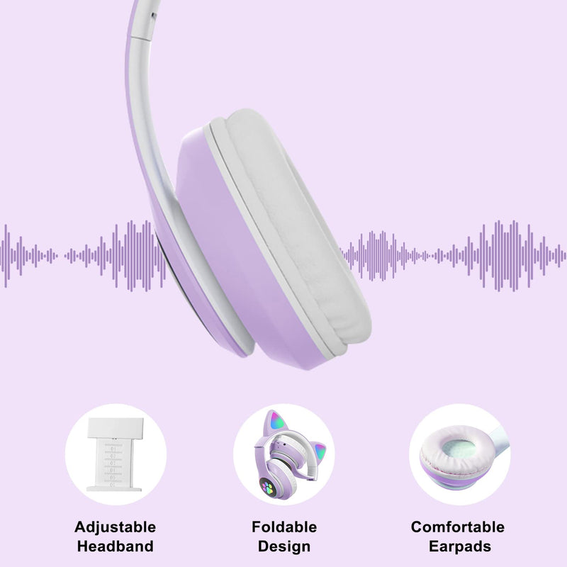 Kids Headphones, TOKANI Bluetooth Wireless Headphones for Kids Teens Adults, Over-Ear Bluetooth Headphones with Microphone, Cat Ear Headphones for Girls Women (Purple)