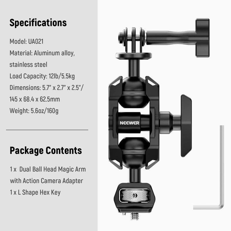 NEEWER Magic Arm Mount for Hero11 10 Osmo Action 3 One X3, Articulating Arm Adapter with 1/4" Screw for Clamp Mount/Suction Cup/Camera Cage Compatible with SmallRig GoPro DJI Insta360, UA021