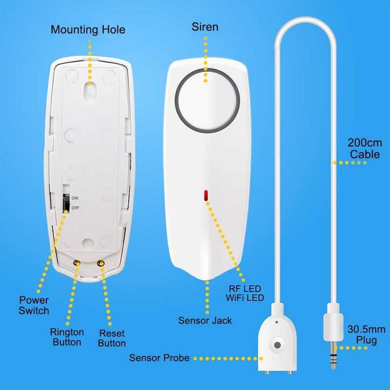 Water Alarm Sensor with 60dB Loud Sound WiFi Leak Detector, Overflow Leak Alarm, Remote Monitoring leaker for Water Heater Basement Sewage Pump, TUYA/Smart Life APP Notification 60 Decibel Alarm Sound