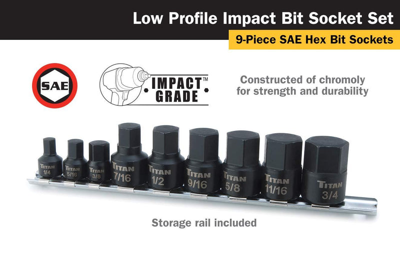 Titan Tools 16140 Low Profile Stubby SAE Hex Bit Socket Set - 9 Piece 1/4, 3/8-Inch Dr. SAE Hex