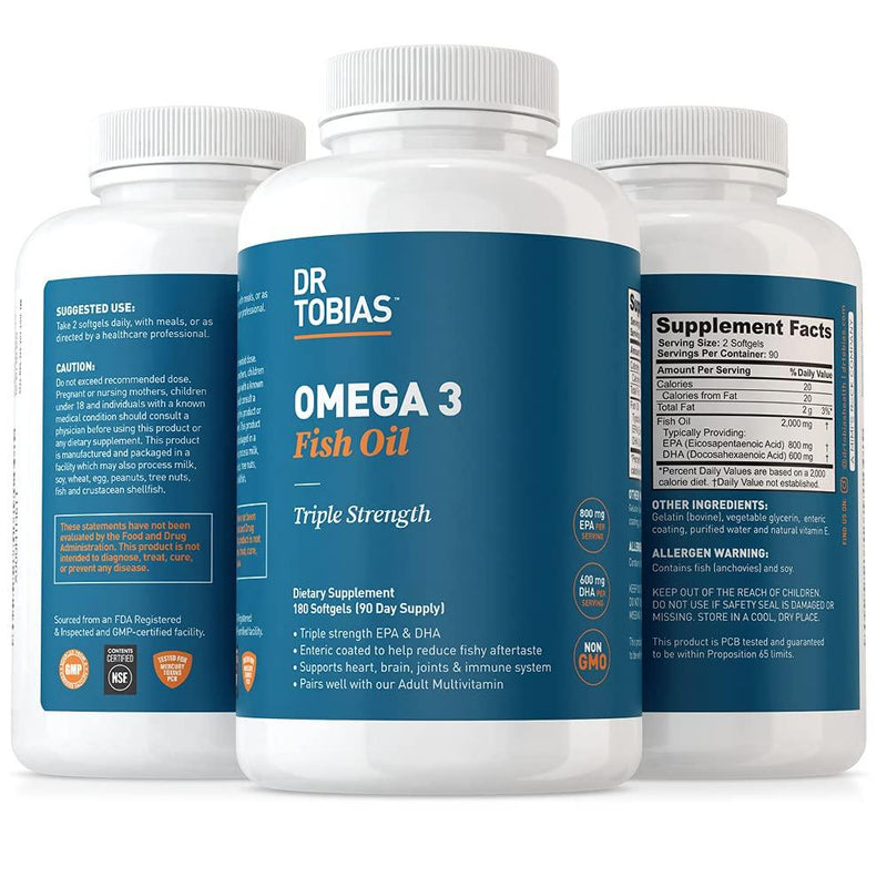 Dr. Tobias Omega-3 Fish Oil, Triple Strength, Supports Brain & Heart Health, 2000 mg per Serving, 180 Soft Gels (2 Daily)