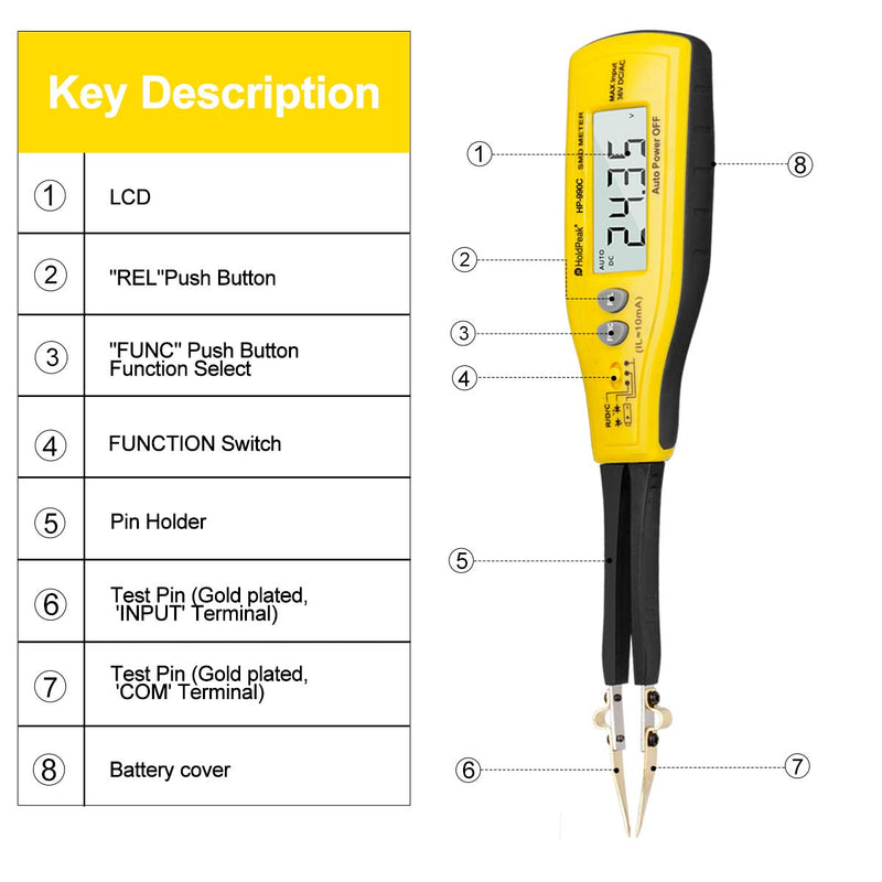HoldPeak Digital Smart SMD Tester 6000 Counts HP-990C DMM Handheld Resistance Capacitance Tester,Digital Multimeter Auto Scan with Spare Test Pins (Battery Included) 1-990C Handheld SMD METER