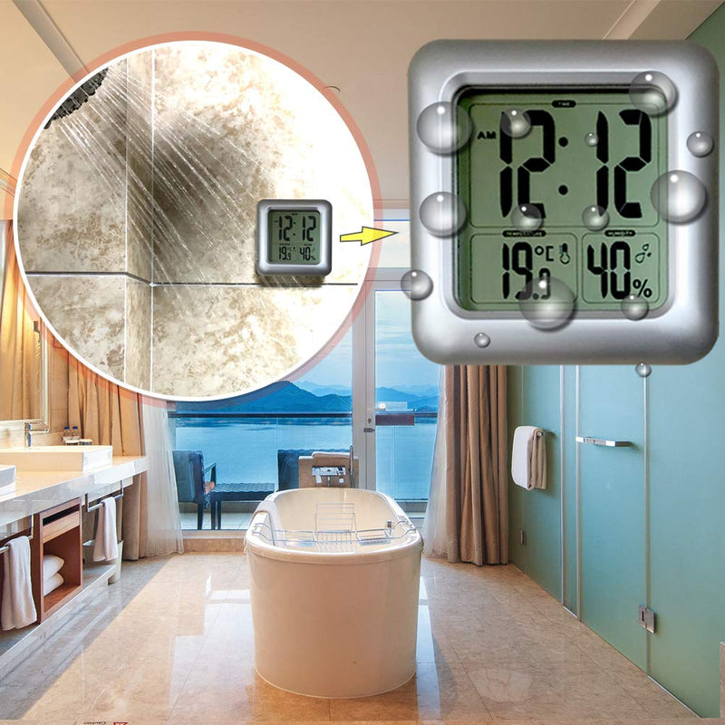 Large Waterproof Bathroom Wall Clock, Big Water Resistant Hanging Shower Clock for Bath Countertop, Moisture Proof Temperature Humidity Meter, [Suction Cup] [Shatterproof Glass]