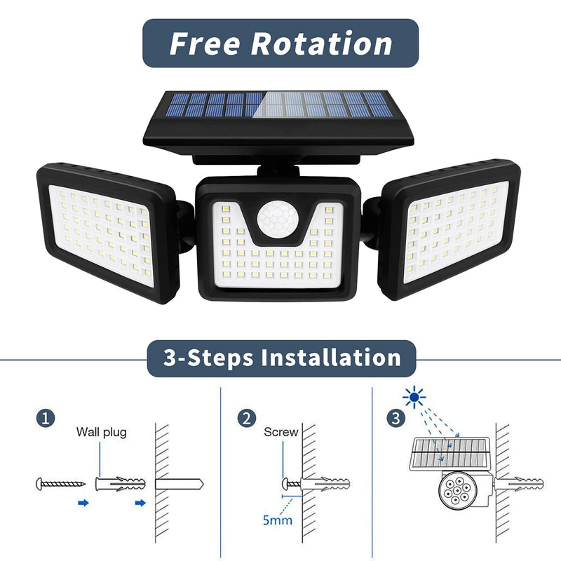 INCX Solar Motion Sensor Lights Outdoor, 3 Heads Security Lights Solar Powered, 118 LED Flood Light Motion Detected Spotlight for Garage Yard Entryways Patio, IP65 Waterproof 1 Pack Black