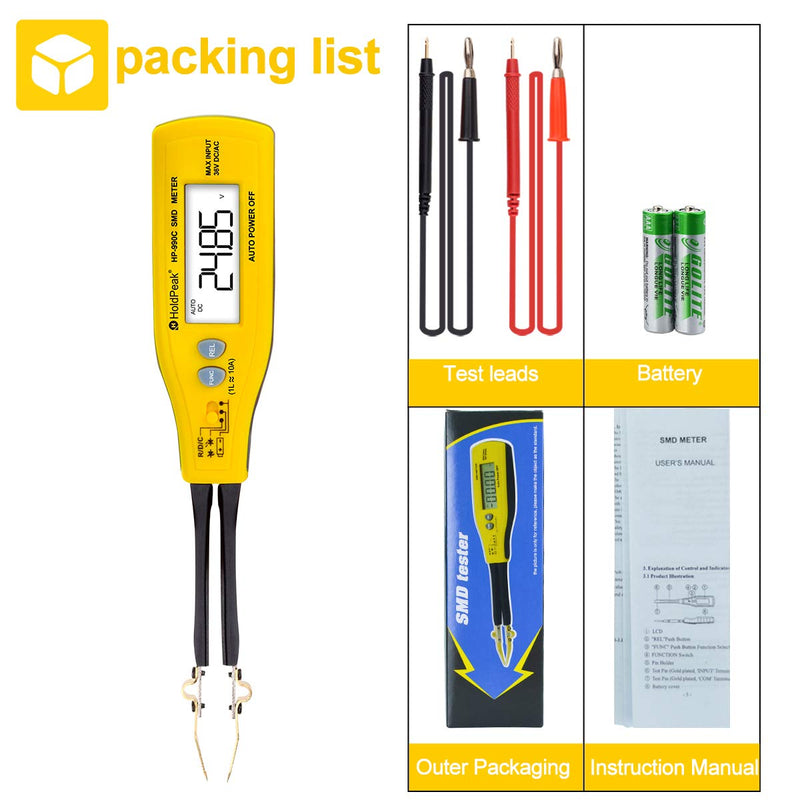 HoldPeak Digital Smart SMD Tester 6000 Counts HP-990C DMM Handheld Resistance Capacitance Tester,Digital Multimeter Auto Scan with Spare Test Pins (Battery Included) 1-990C Handheld SMD METER