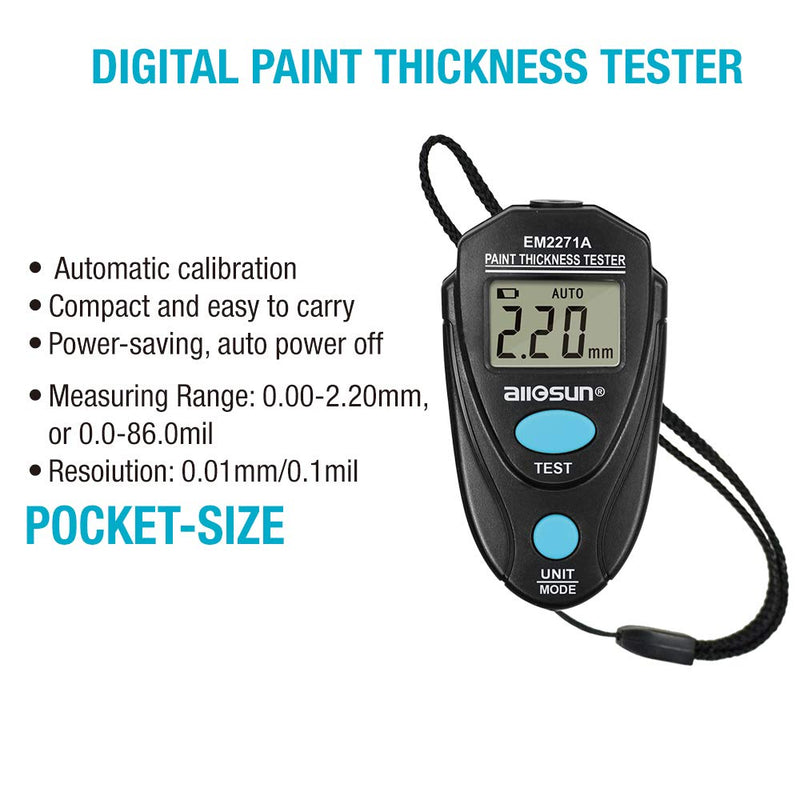 allsun EM2271A Digital Paint mil Meter Mini Coating Thickness Gauge Paint Tester Car LCD Data Hold Black 2.2mm/80mil New Version Update Base On EM2271