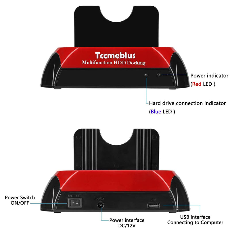 Tccmebius Hard Drive Docking Station, TCC-S867-US USB 2.0 to 2.5 3.5 Inch SATA IDE Dual Slots External HDD Enclosure, for 2.5" 3.5" IDE SATA I/II/III HDD SSD