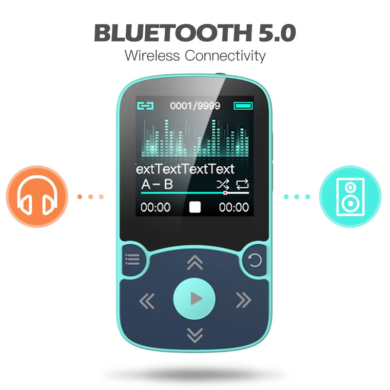 32GB MP3 Player with Clip, AGPTEK Bluetooth 5.0 Lossless Sound with FM Radio, Voice Recorder for Sport Running, Supports up to 128GB TF Card, Blue
