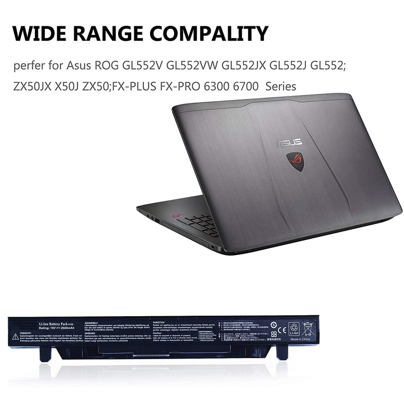 A41N1424 Battery for Asus (ROG) GL552V GL552VW GL552VW-DH74 DH71 GL552JX GL552J GL552;ZX50JX X50J X555 ZX50 FZ50 FX50VW;FX-Plus FX-PRO 6300 6700-15V 2600mAh (18Months Warranty)