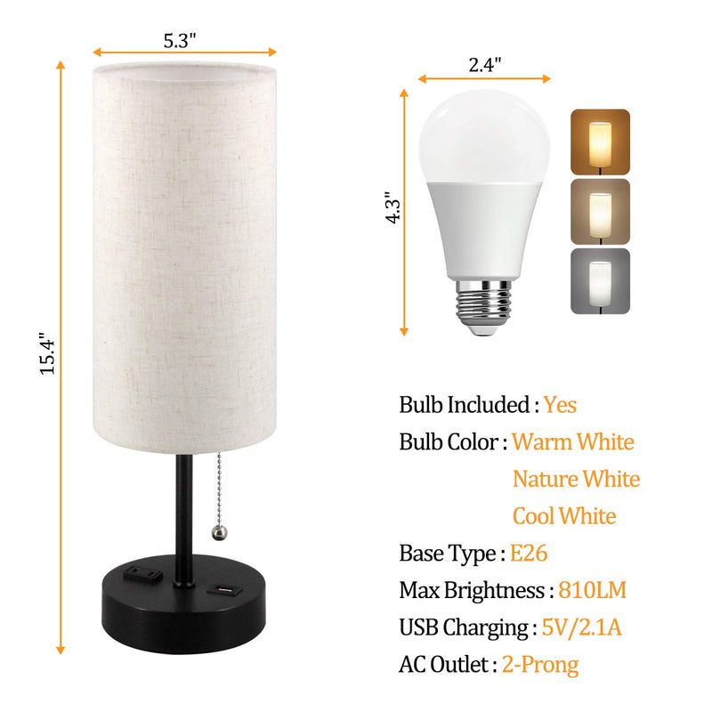 USB Bedside Table Lamp, 2700K 4000k 5000K Nightstand Lamp with Pull Chain, Bedside Lamp with USB Port & AC Outlet, Table Lamps for Bedrooms Living Room, Bulb Included, Fabric Linen Lamp Shade, 1PK Black