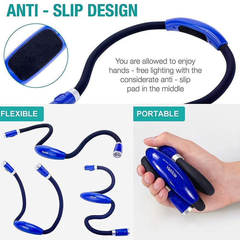 Vekkia Rechargeable 4 & 6LED Reading Light, Book Lights for Reading in Bed, 3 Brightness Levels, 2 Flexible Soft Silicone Arms Comfortable Wear, Long Lasting. Perfect for Bookworms,Craft